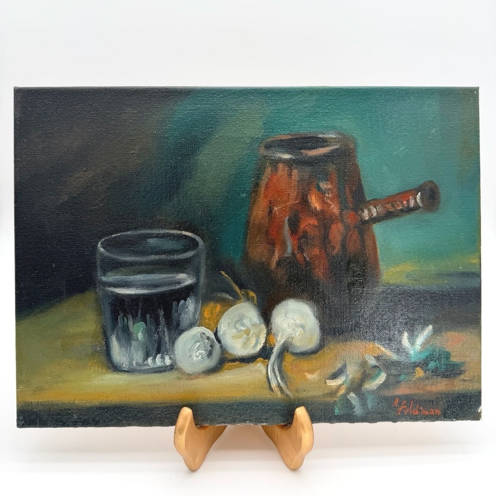 Still‎ Life oil painting with Turkish Coffee Pot and Garlic original vintage